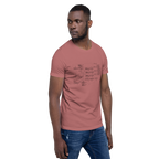 Man wearing dusty rose t-shirt with slot machine circuit diagram print, quirky gaming apparel for players