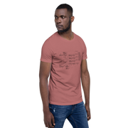 Man wearing dusty rose t-shirt with slot machine circuit diagram print, quirky gaming apparel for players