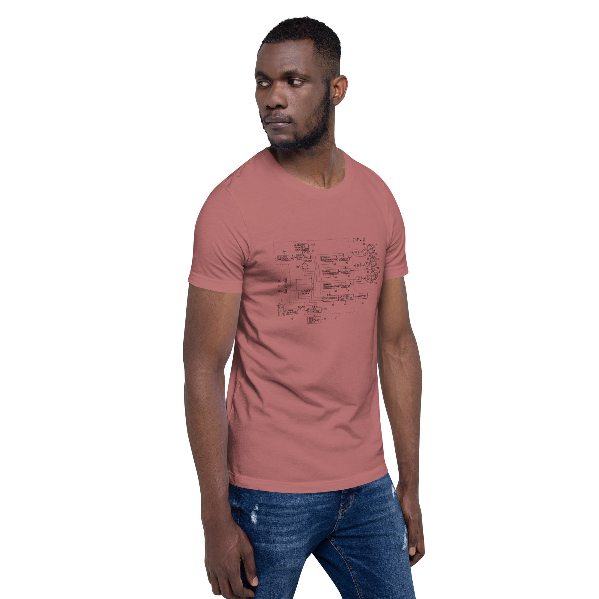 Man wearing dusty rose t-shirt with slot machine circuit diagram print, quirky gaming apparel for players