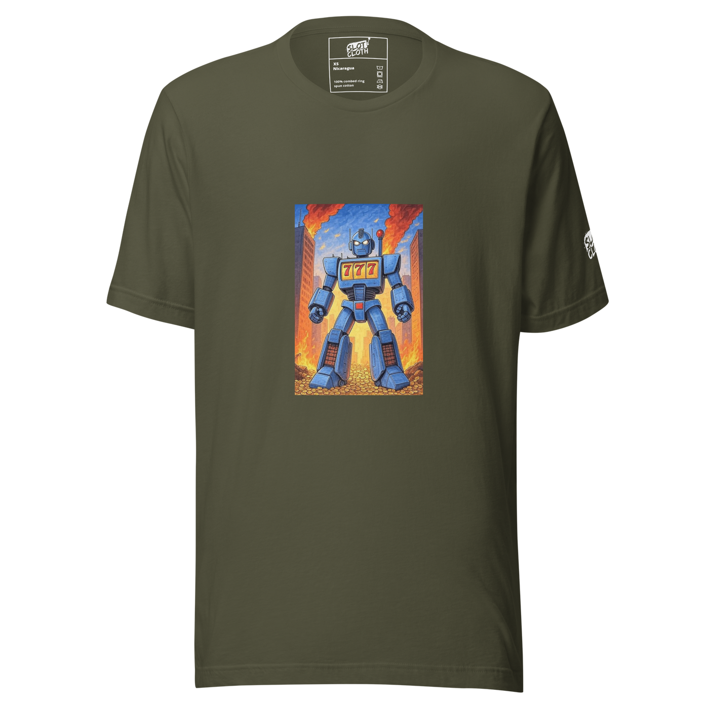 Olive green t-shirt with blue robot graphic featuring 777 slot machine design, cityscape background