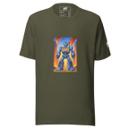 Olive green t-shirt with blue robot graphic featuring 777 slot machine design, cityscape background
