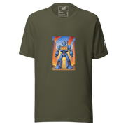 Olive green t-shirt with blue robot graphic featuring 777 slot machine design, cityscape background