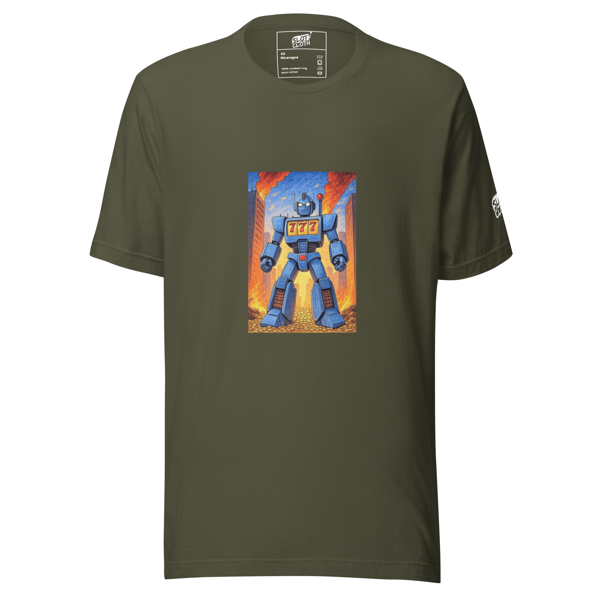 Olive green t-shirt with blue robot graphic featuring 777 slot machine design, cityscape background