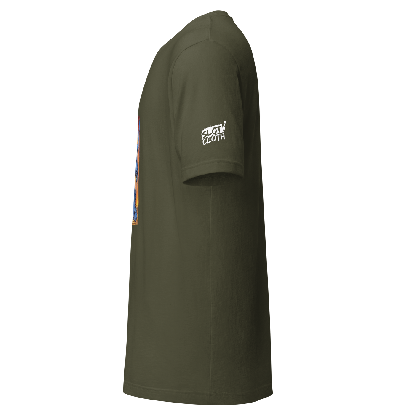 Olive green Slot Cloth t-shirt with side graphic and sleeve logo, quirky casino-themed apparel for players