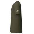Olive green Slot Cloth t-shirt with side graphic and sleeve logo, quirky casino-themed apparel for players