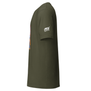 Olive green Slot Cloth t-shirt with side graphic and sleeve logo, quirky casino-themed apparel for players
