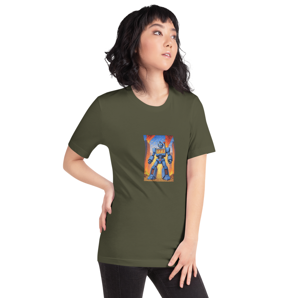 Olive t-shirt with blue robot graphic featuring 777, perfect for slot lovers and casino fans