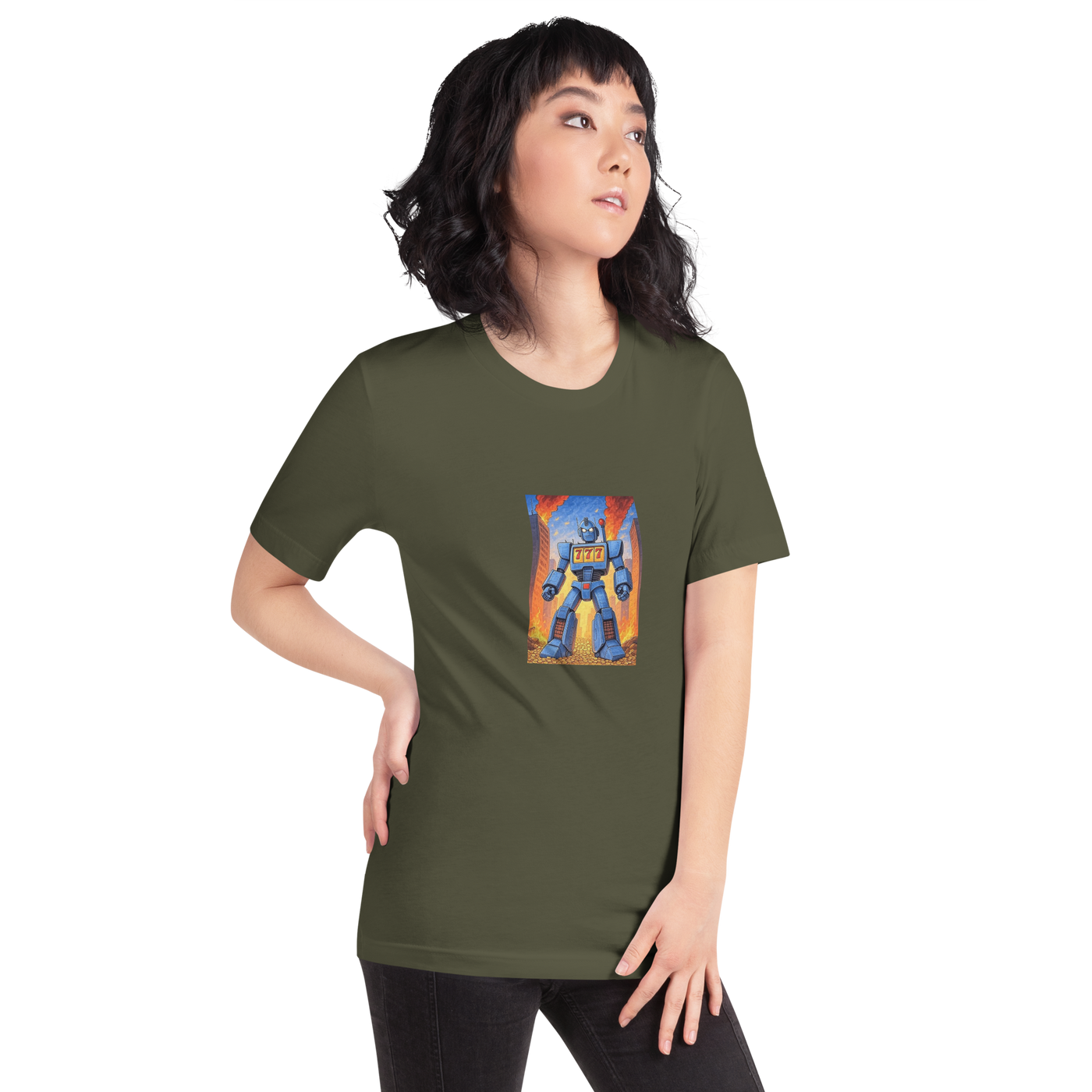 Olive t-shirt with blue robot graphic featuring 777, perfect for slot lovers and casino fans