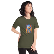 Olive t-shirt with blue robot graphic featuring 777, perfect for slot lovers and casino fans