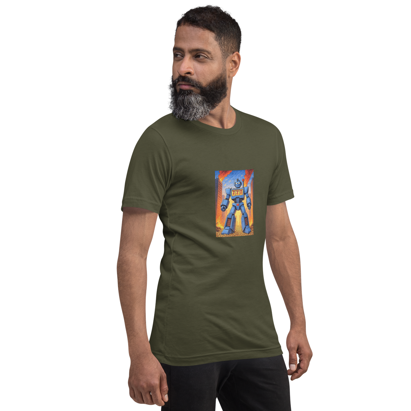 Olive t-shirt with robot graphic featuring 777, perfect for slot machine fans and casino enthusiasts.