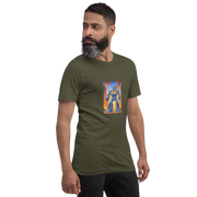 Olive t-shirt with robot graphic featuring 777, perfect for slot machine fans and casino enthusiasts.