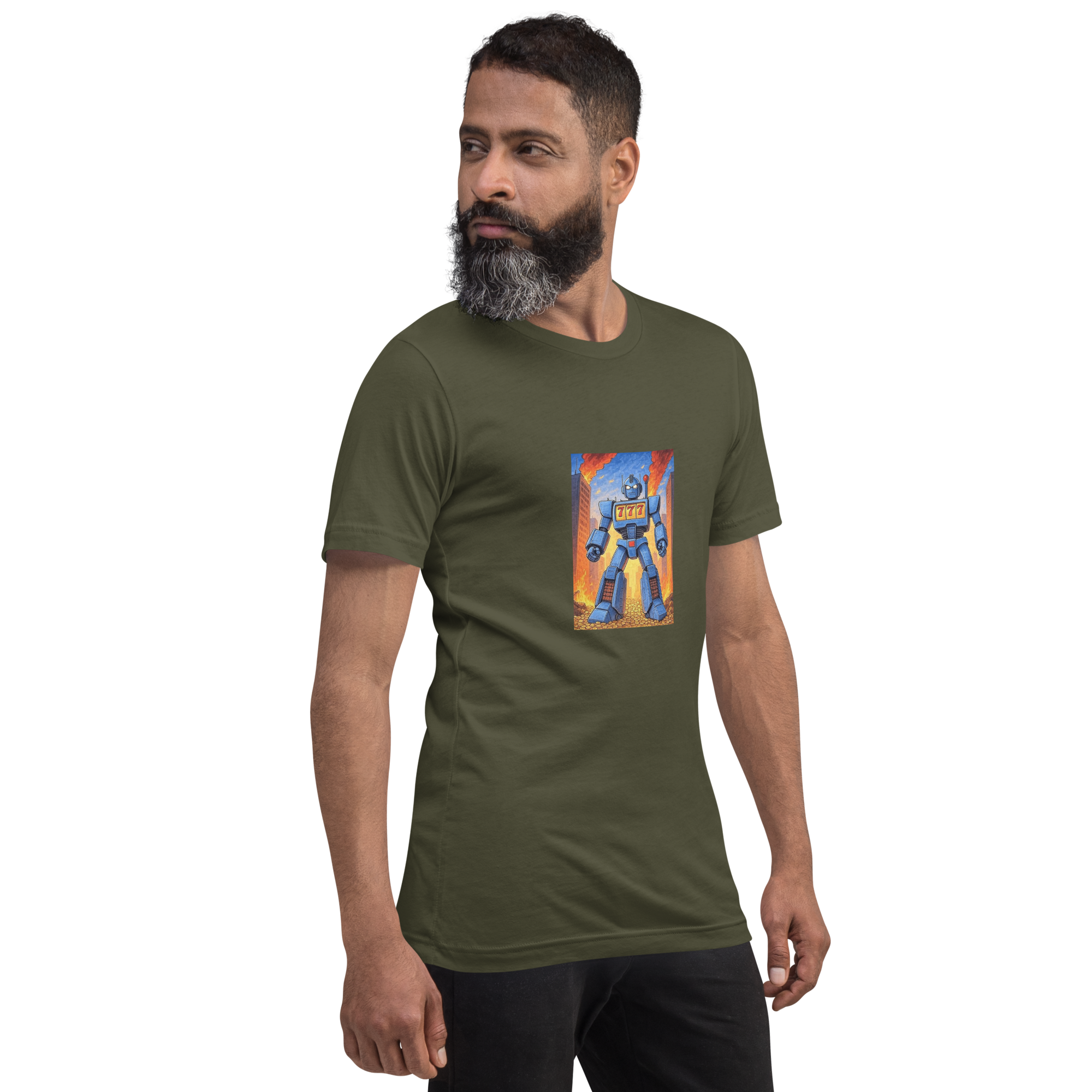 Olive t-shirt with robot graphic featuring 777, perfect for slot machine fans and casino enthusiasts.