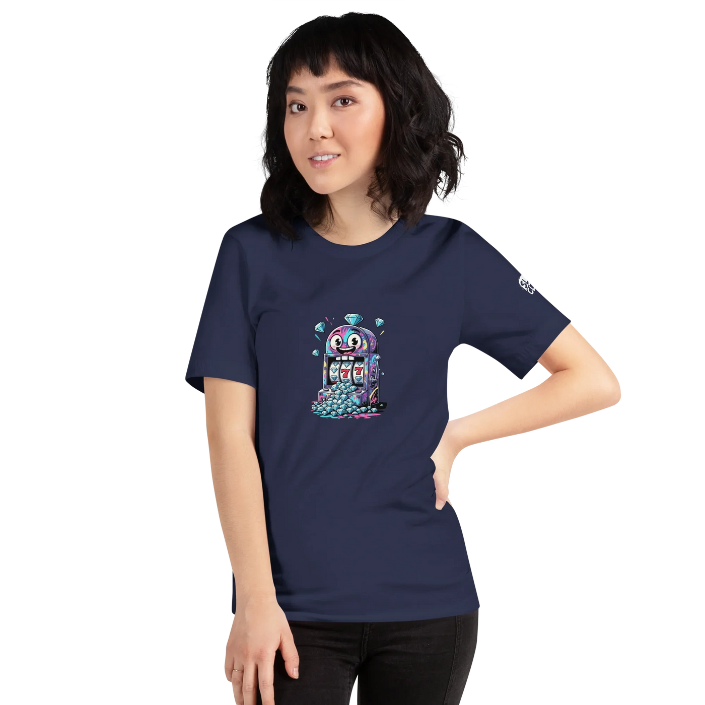 Navy t-shirt with colorful slot machine graphic, 777 jackpot design for casino lovers and players