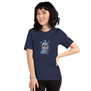 Navy t-shirt with colorful slot machine graphic, 777 jackpot design for casino lovers and players