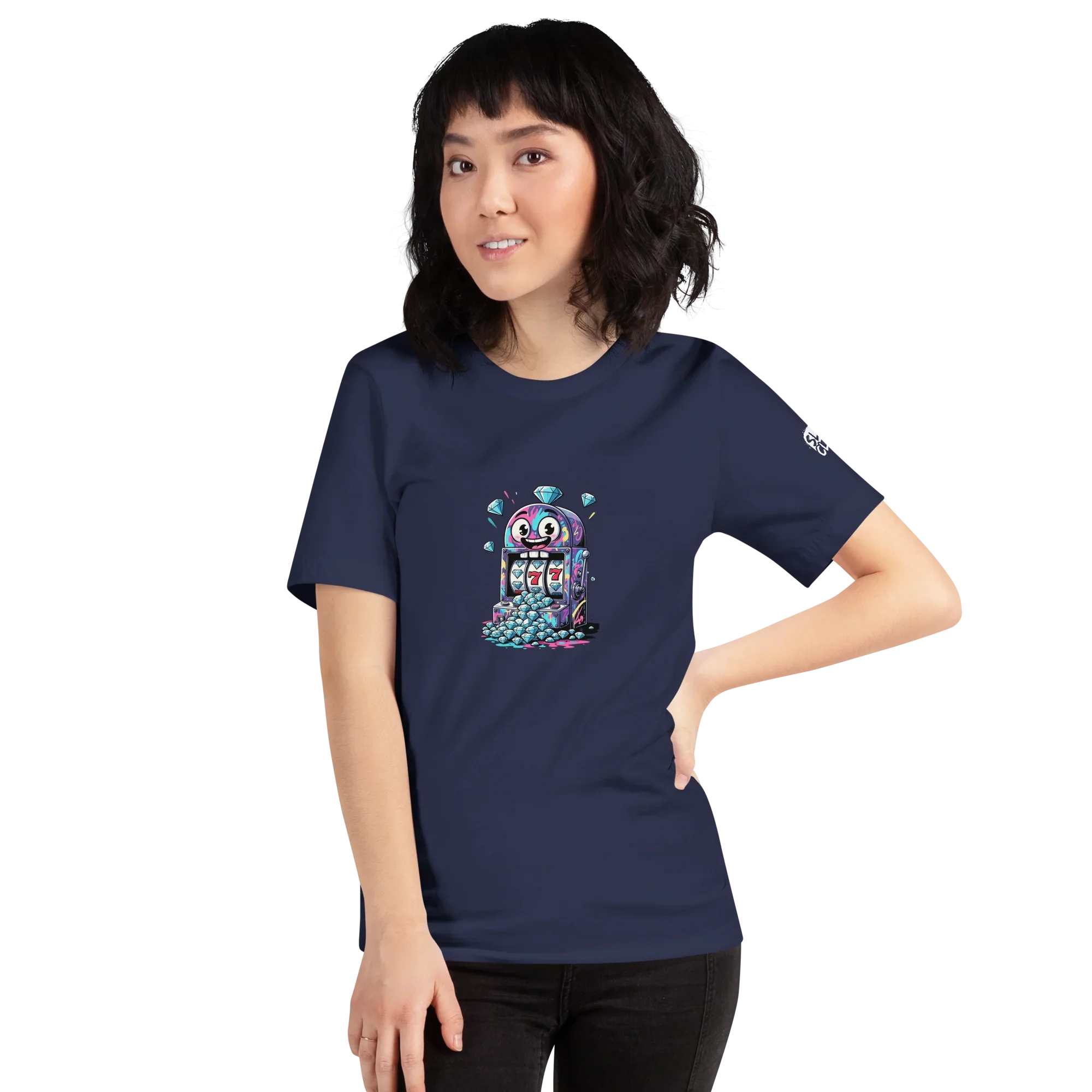 Navy t-shirt with colorful slot machine graphic, 777 jackpot design for casino lovers and players