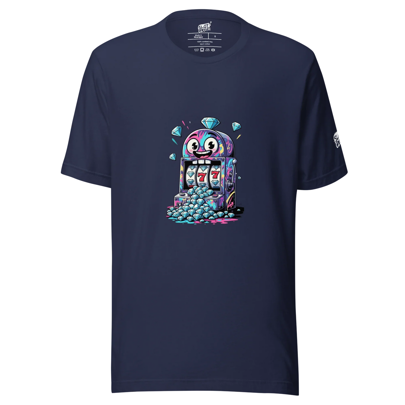 Navy t-shirt with colorful slot machine graphic, diamonds, and lucky 7s for casino-themed fashion
