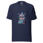 Navy t-shirt with colorful slot machine graphic, diamonds, and lucky 7s for casino-themed fashion