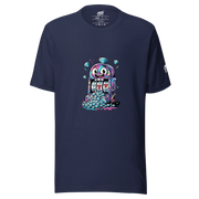 Navy t-shirt with colorful slot machine graphic, diamonds, and lucky 7s for casino-themed fashion