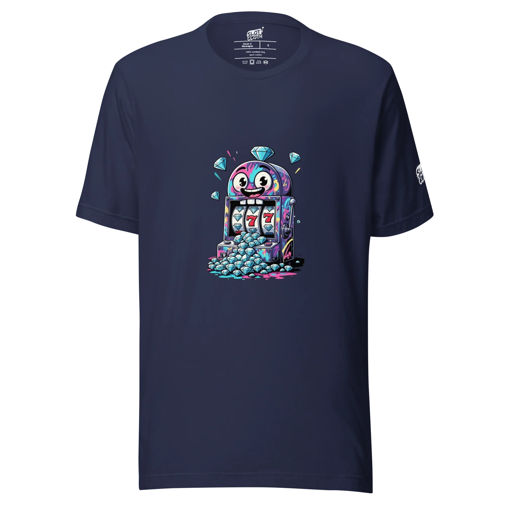 Navy t-shirt with colorful slot machine graphic, diamonds, and lucky 7s for casino-themed fashion