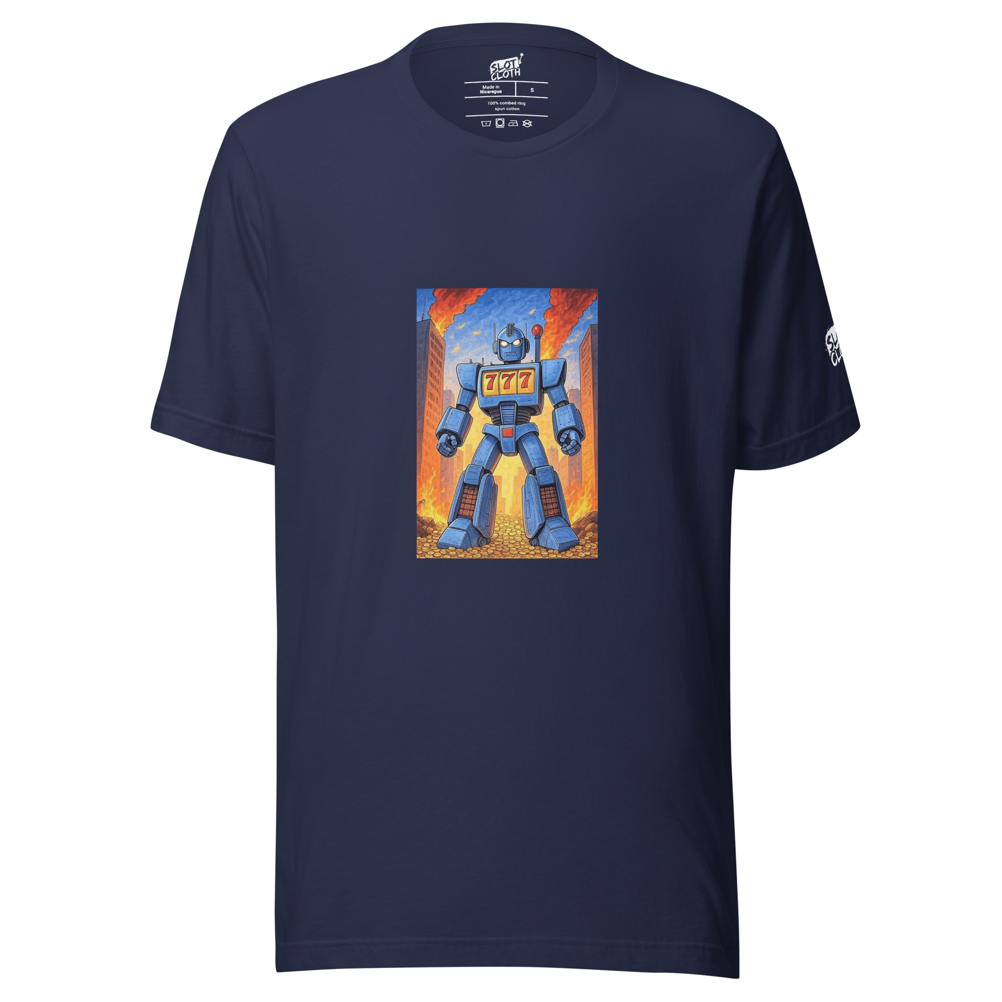 Navy blue t-shirt with robot graphic featuring 777, slot machine theme, fiery city background