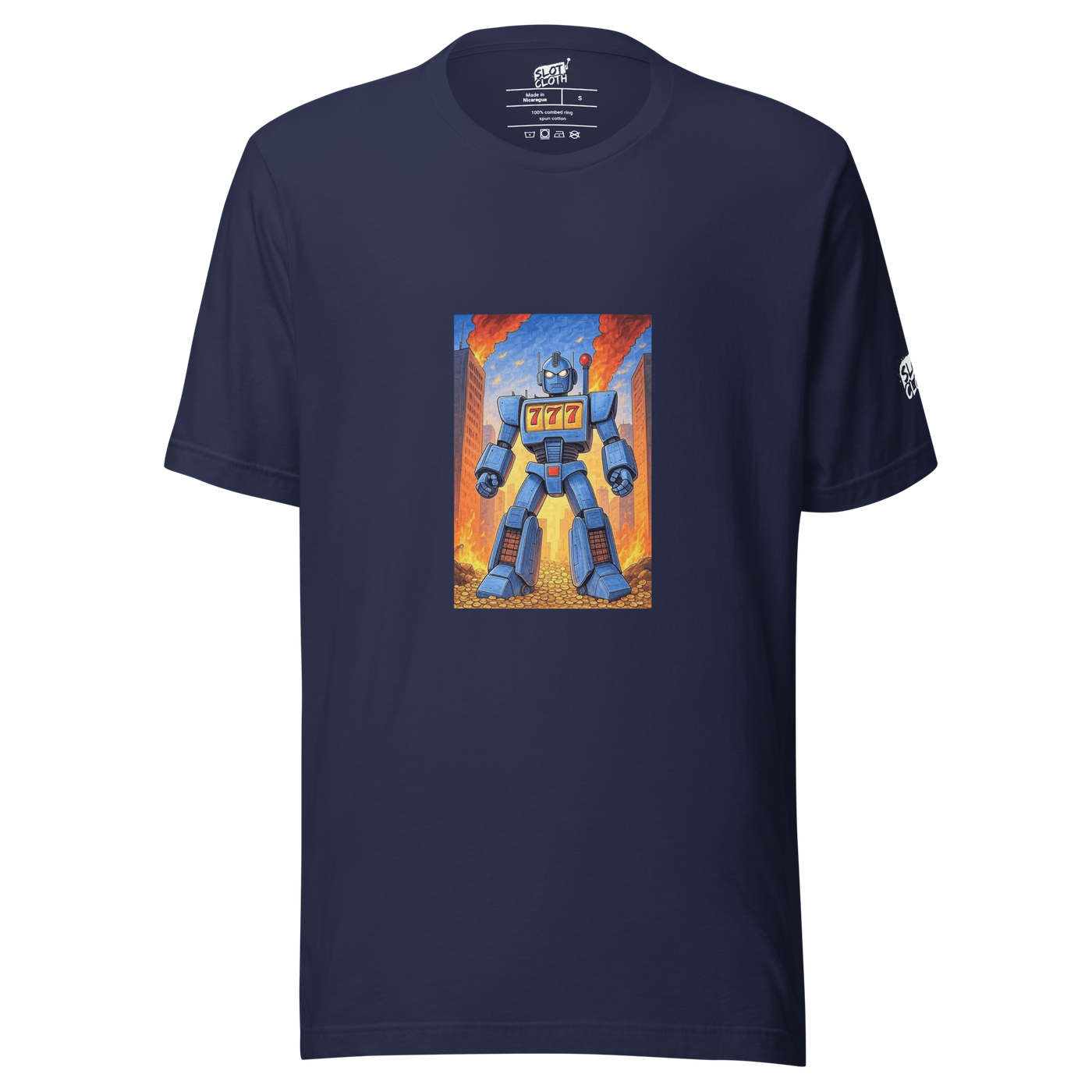 Navy blue t-shirt with robot graphic featuring 777, slot machine theme, fiery city background