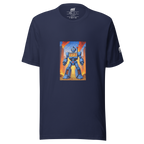 Navy blue t-shirt with robot graphic featuring 777, slot machine theme, fiery city background