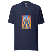 Navy blue t-shirt with robot graphic featuring 777, slot machine theme, fiery city background