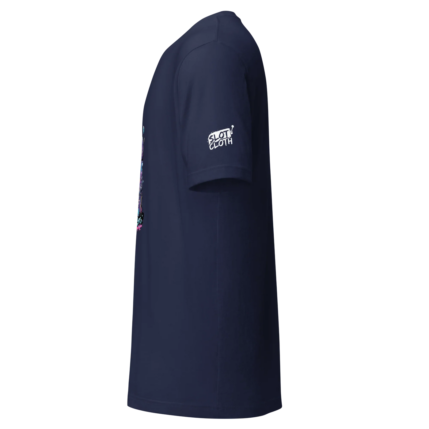 Navy blue slot-themed t-shirt with colorful graphic and 'Slot Cloth' logo on sleeve
