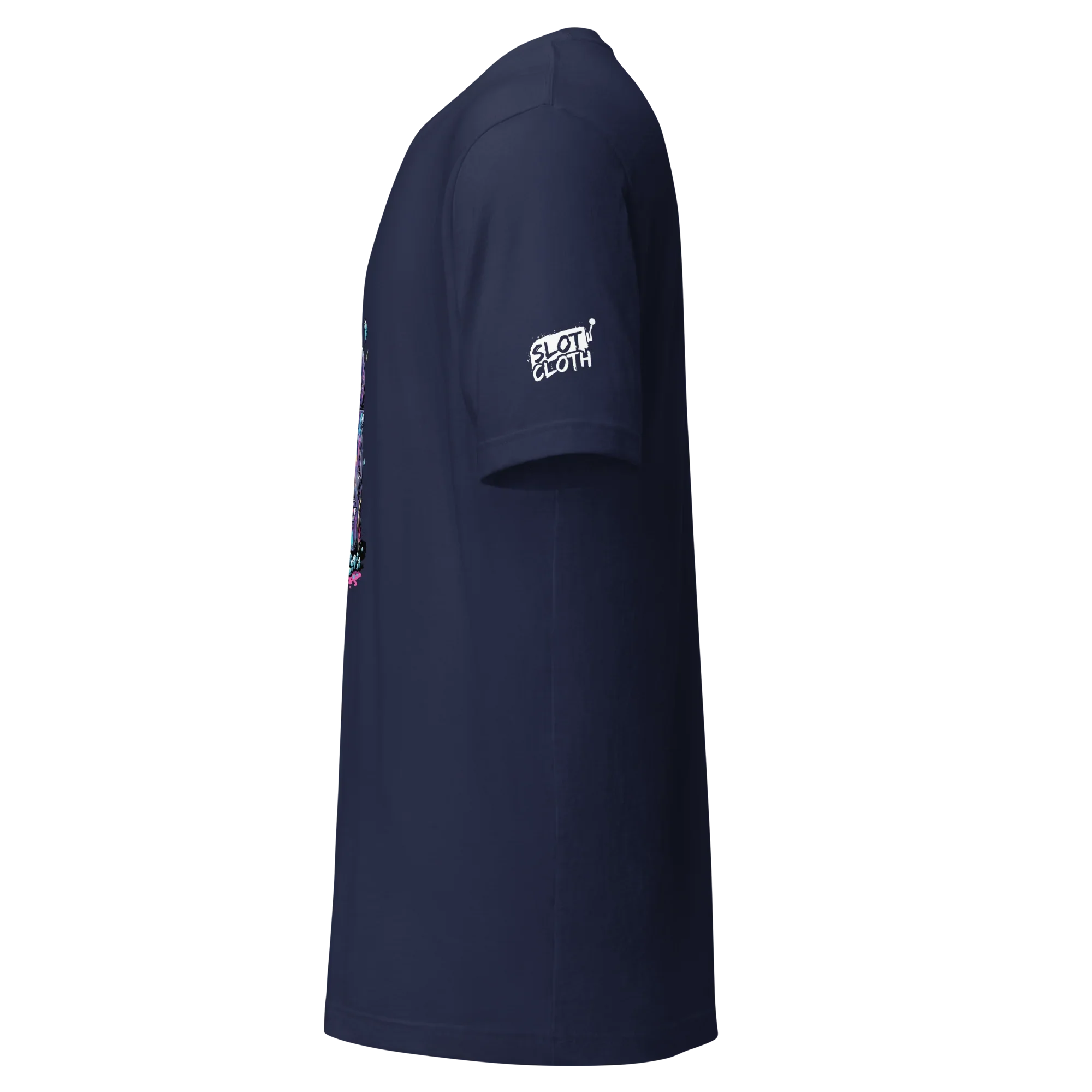 Navy blue slot-themed t-shirt with colorful graphic and 'Slot Cloth' logo on sleeve