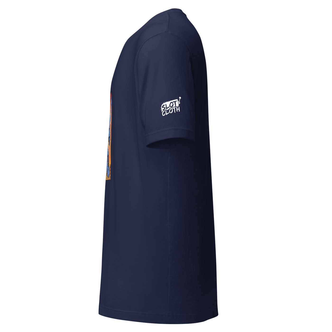 Navy blue Slot Cloth t-shirt with side graphic and sleeve logo, quirky casino-themed apparel for players