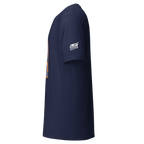 Navy blue Slot Cloth t-shirt with side graphic and sleeve logo, quirky casino-themed apparel for players