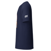 Navy blue Slot Cloth t-shirt with side graphic and sleeve logo, quirky casino-themed apparel for players