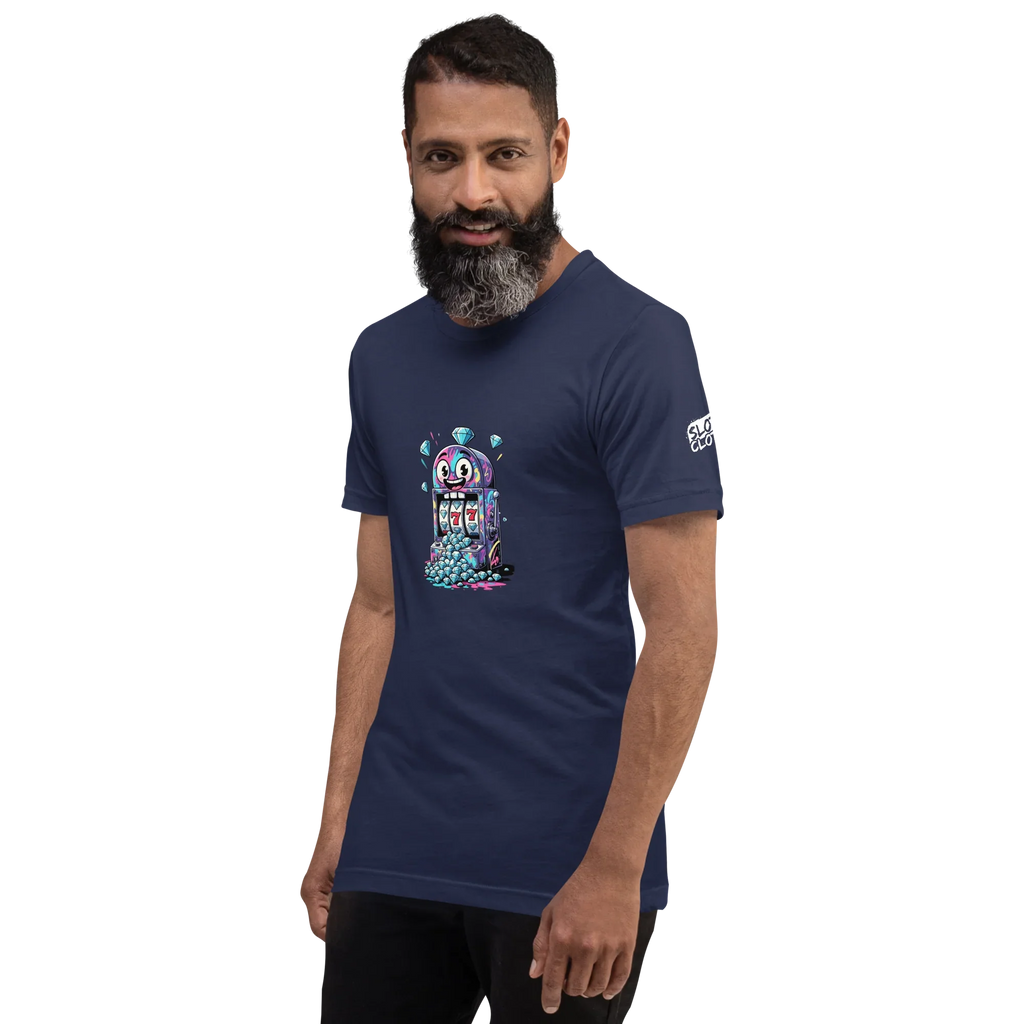 Man wearing navy t-shirt with colorful slot machine graphic, featuring 777 and diamonds, perfect for casino fans.