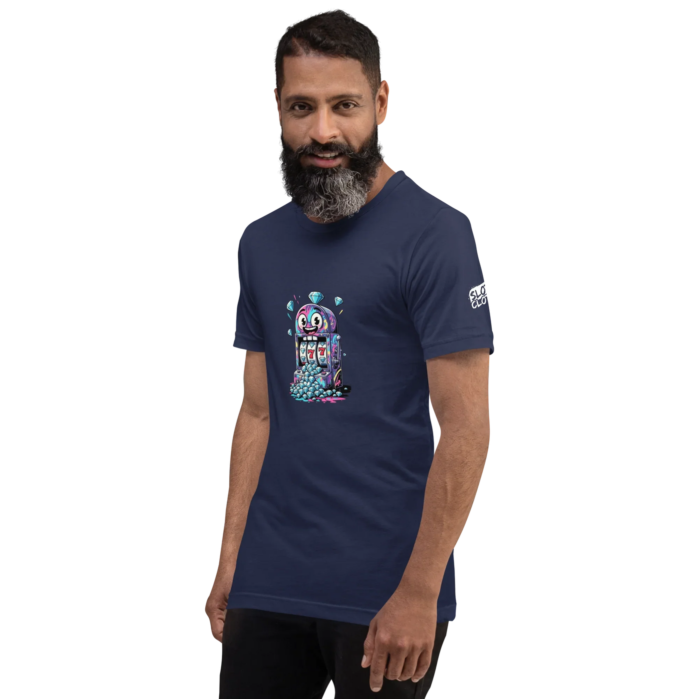 Man wearing navy t-shirt with colorful slot machine graphic, featuring 777 and diamonds, perfect for casino fans.
