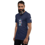 Man wearing navy t-shirt with colorful slot machine graphic, featuring 777 and diamonds, perfect for casino fans.