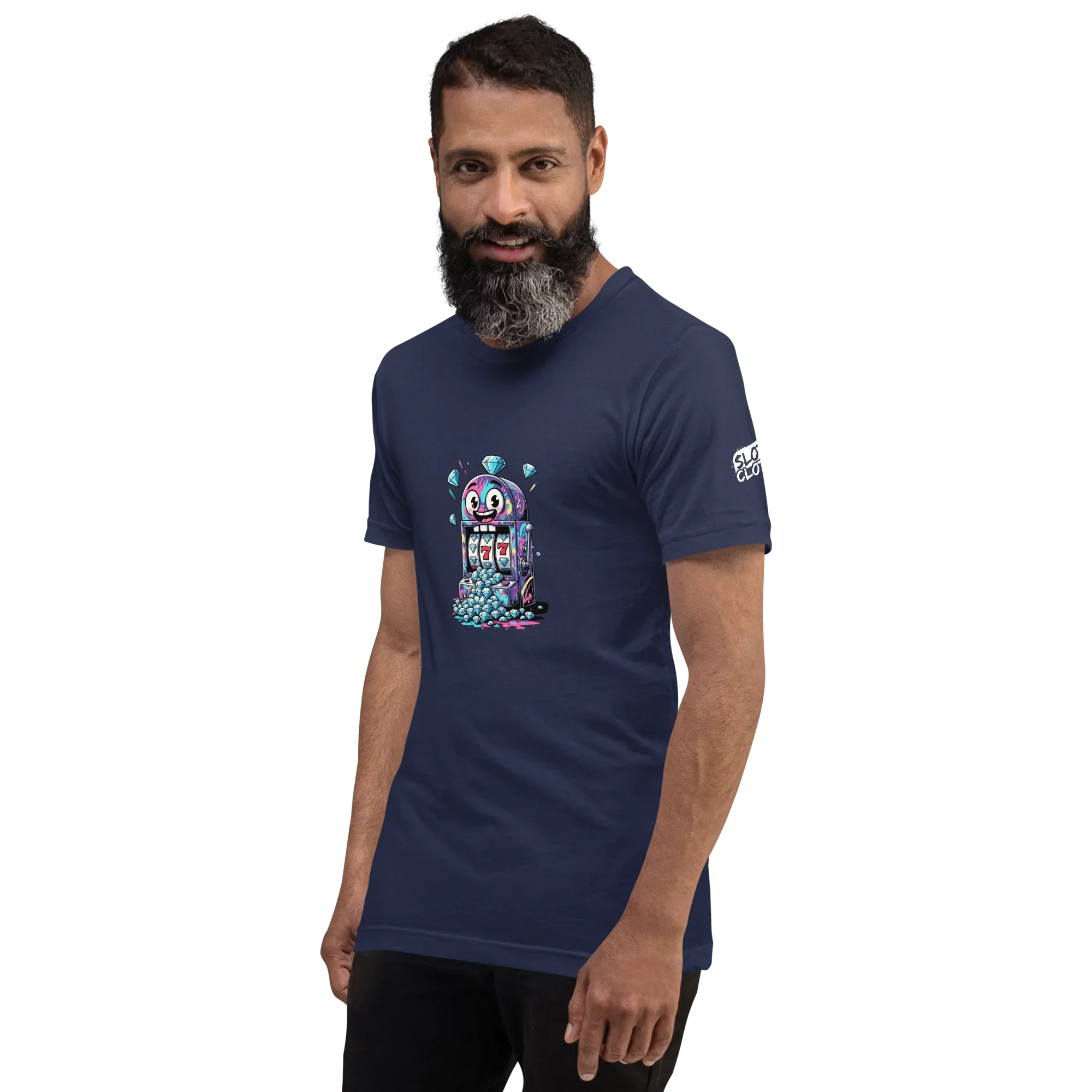 Man wearing navy t-shirt with colorful slot machine graphic, featuring 777 and diamonds, perfect for casino fans.