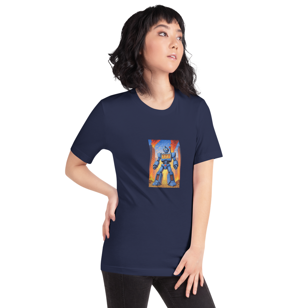 Navy t-shirt with quirky robot design featuring 777, perfect for slot enthusiasts and gamers.