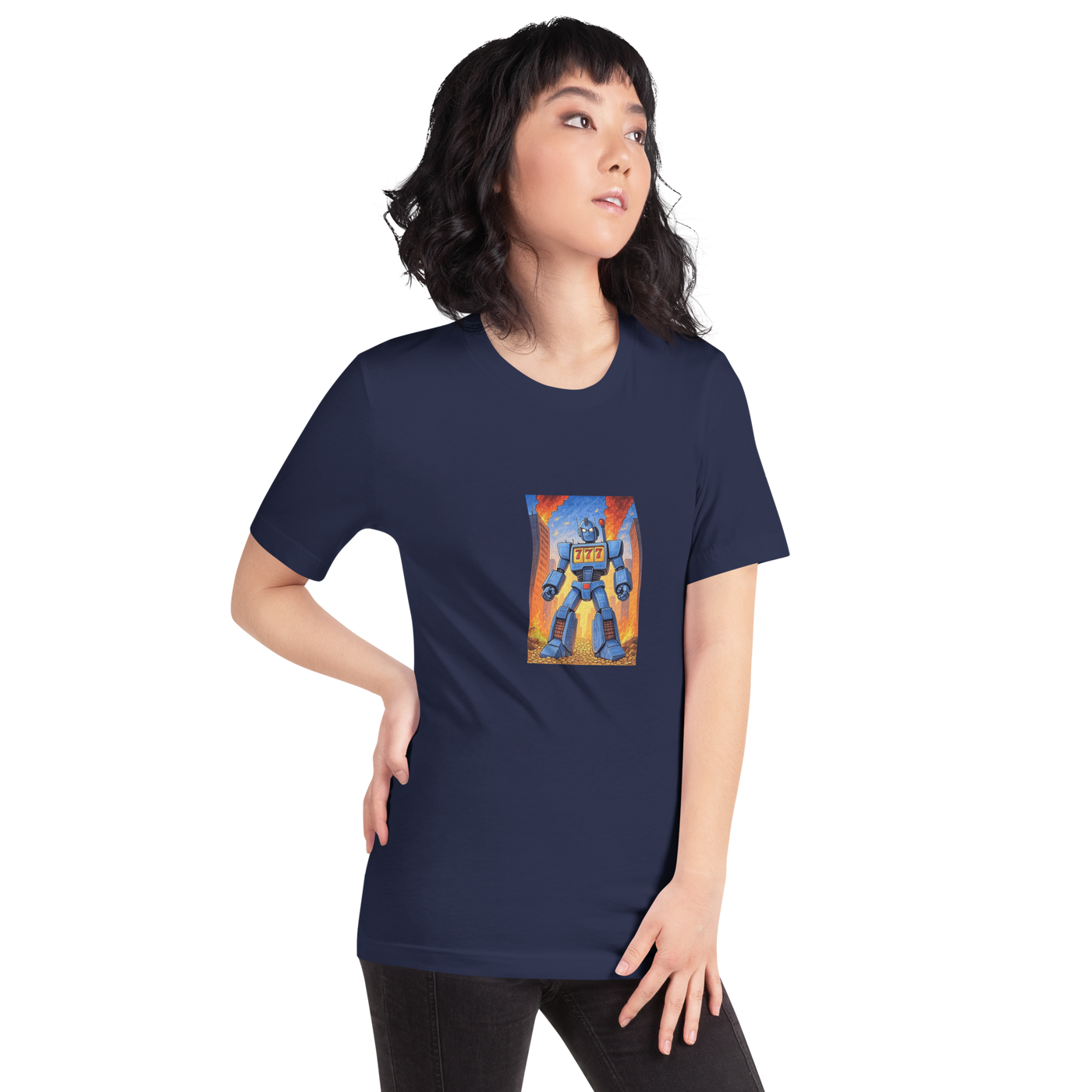 Navy t-shirt with quirky robot design featuring 777, perfect for slot enthusiasts and gamers.