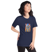 Navy t-shirt with quirky robot design featuring 777, perfect for slot enthusiasts and gamers.