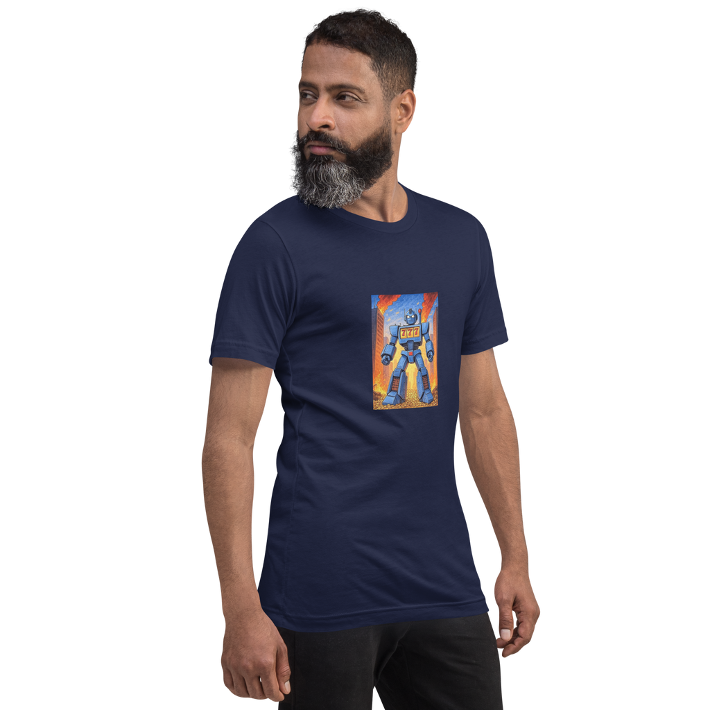 Man wearing navy t-shirt with slot machine robot graphic, 777 design, quirky casino-themed apparel