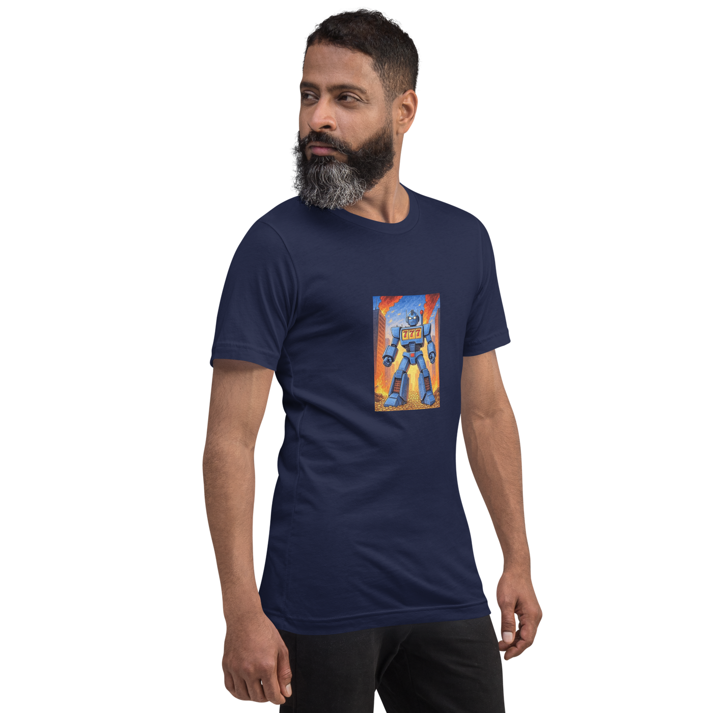 Man wearing navy t-shirt with slot machine robot graphic, 777 design, quirky casino-themed apparel