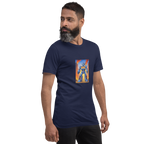 Man wearing navy t-shirt with slot machine robot graphic, 777 design, quirky casino-themed apparel