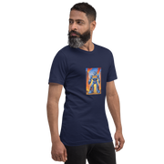 Man wearing navy t-shirt with slot machine robot graphic, 777 design, quirky casino-themed apparel