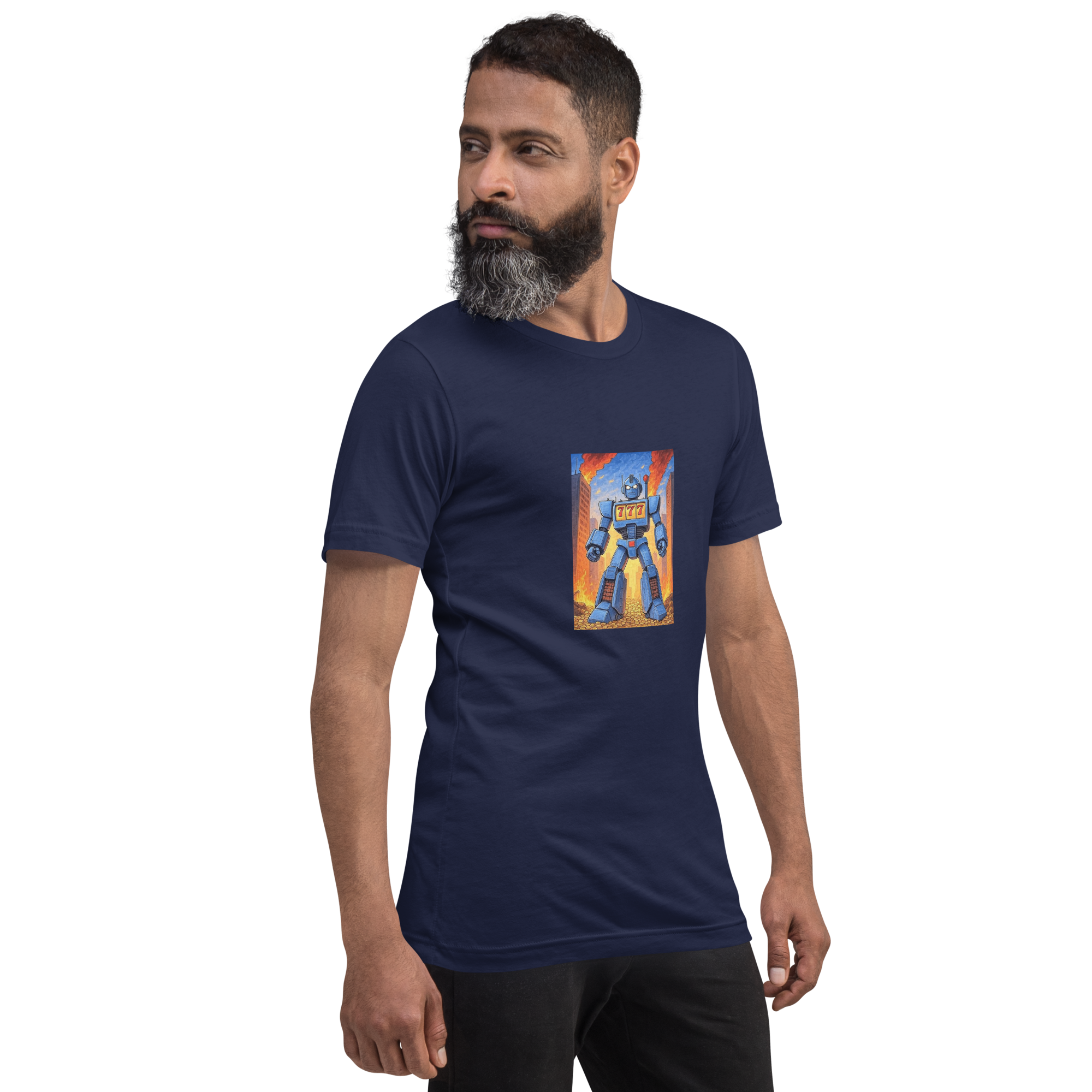 Man wearing navy t-shirt with slot machine robot graphic, 777 design, quirky casino-themed apparel