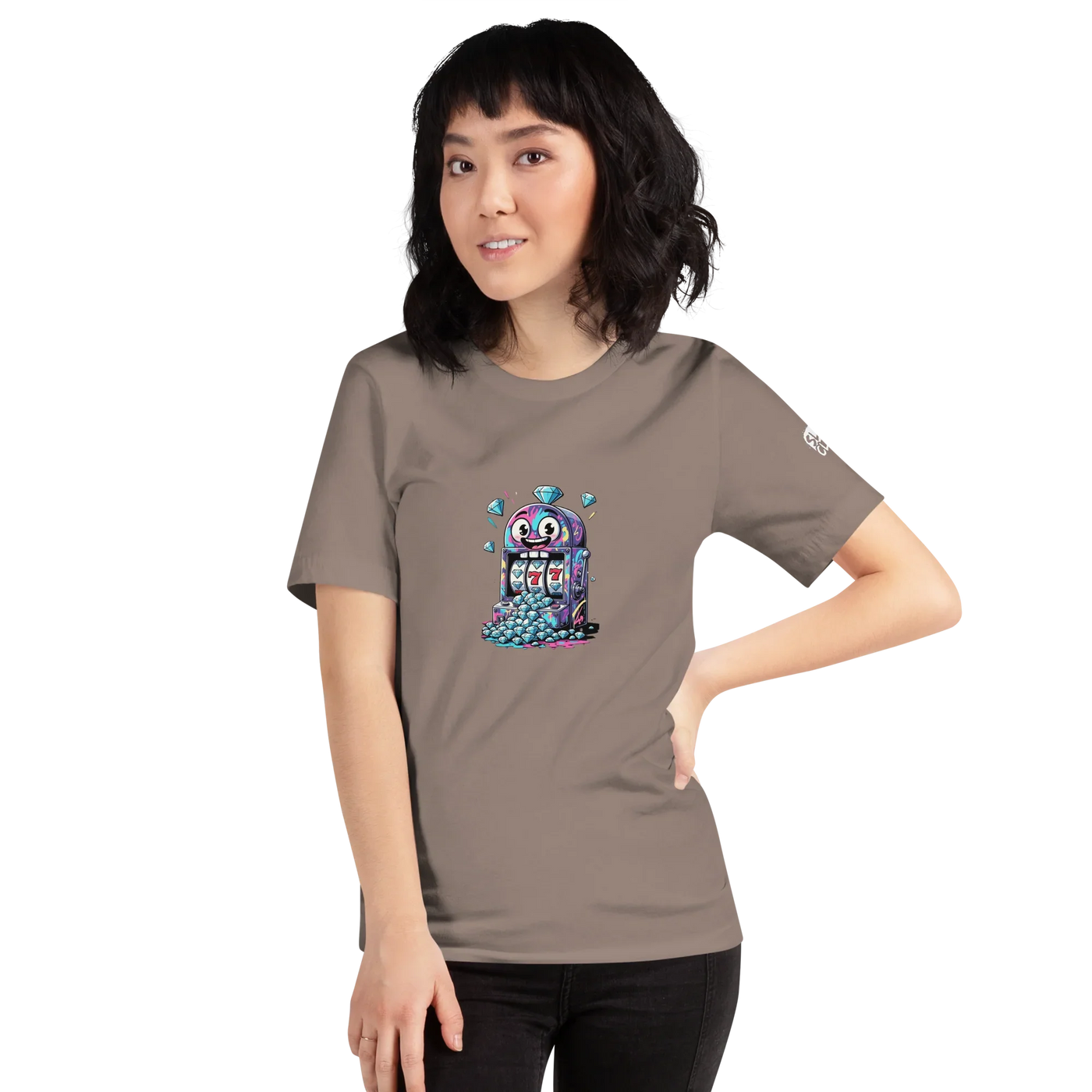 Woman wearing brown t-shirt with quirky slot machine graphic, colorful diamonds, and lucky 7s design