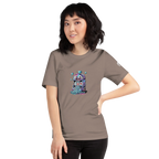 Woman wearing brown t-shirt with quirky slot machine graphic, colorful diamonds, and lucky 7s design