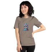 Woman wearing brown t-shirt with quirky slot machine graphic, colorful diamonds, and lucky 7s design
