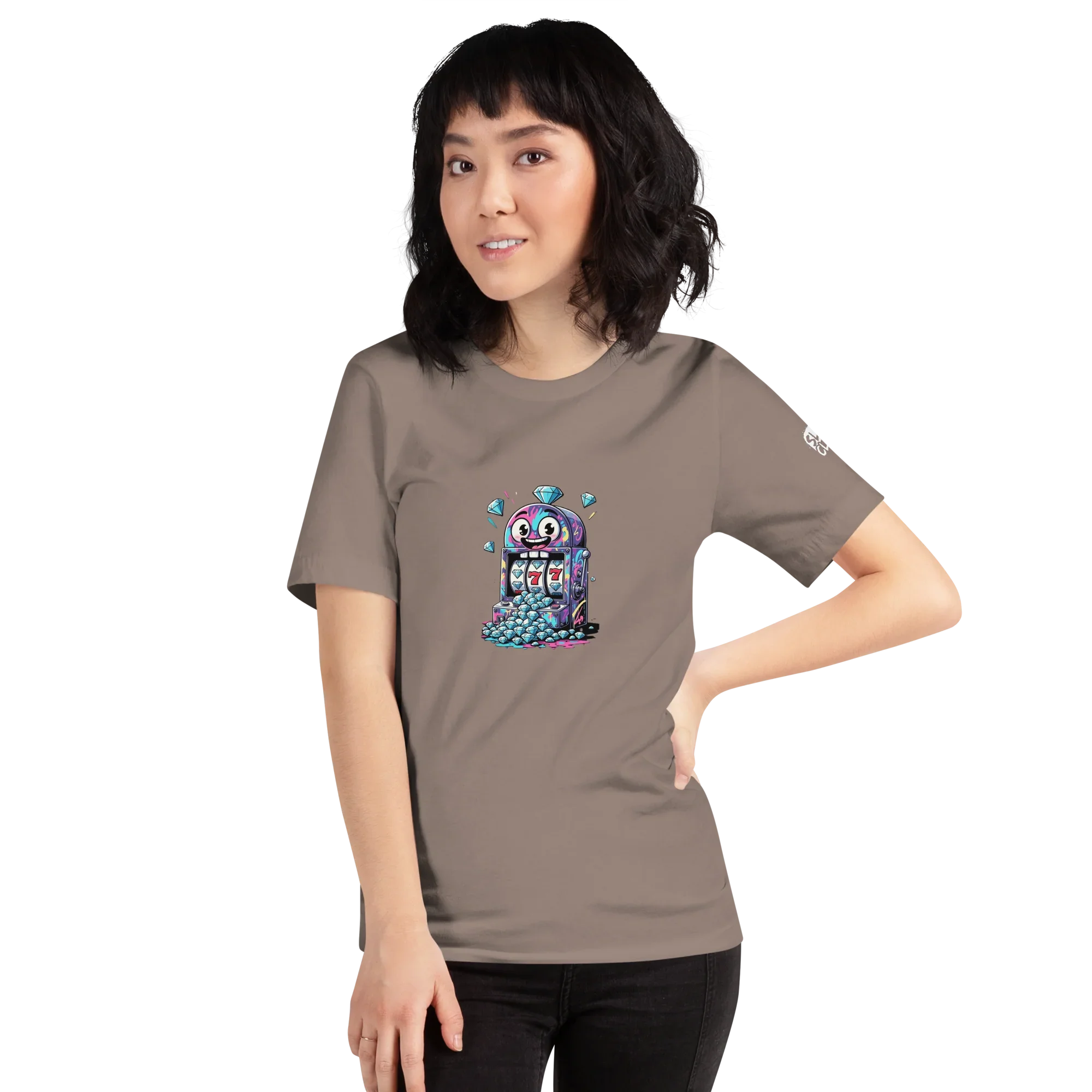 Woman wearing brown t-shirt with quirky slot machine graphic, colorful diamonds, and lucky 7s design