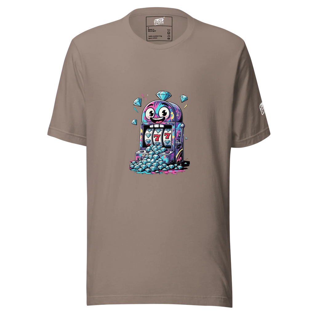 Brown t-shirt with colorful slot machine graphic, diamonds, and lucky 7s for casino lovers