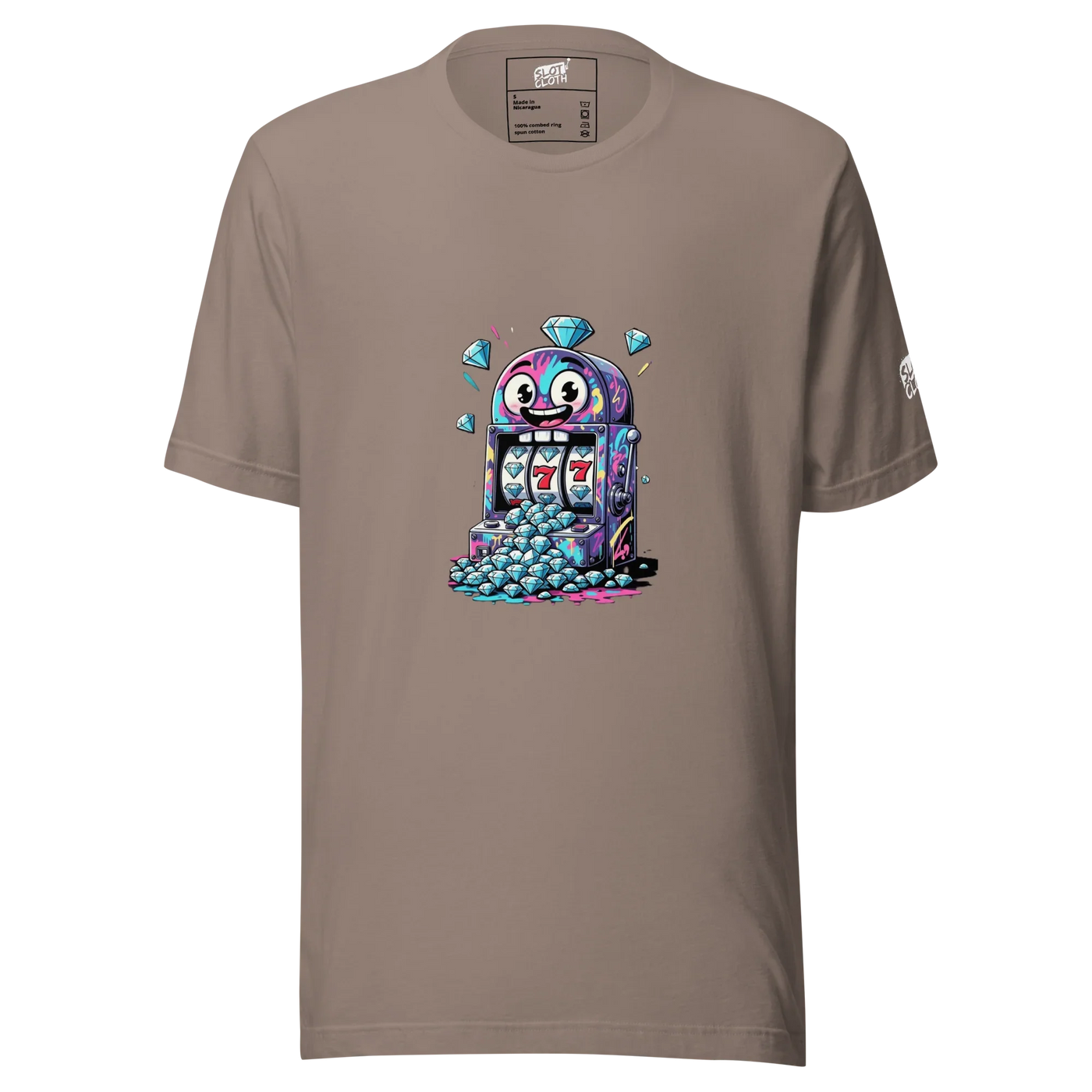 Brown t-shirt with colorful slot machine graphic, diamonds, and lucky 7s for casino lovers